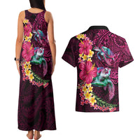 Hawaiian Plumeria and Hibiscus with Turtles Couples Matching Tank Maxi Dress and Hawaiian Shirt Polynesian Art Red Color LT03 - Polynesian Pride