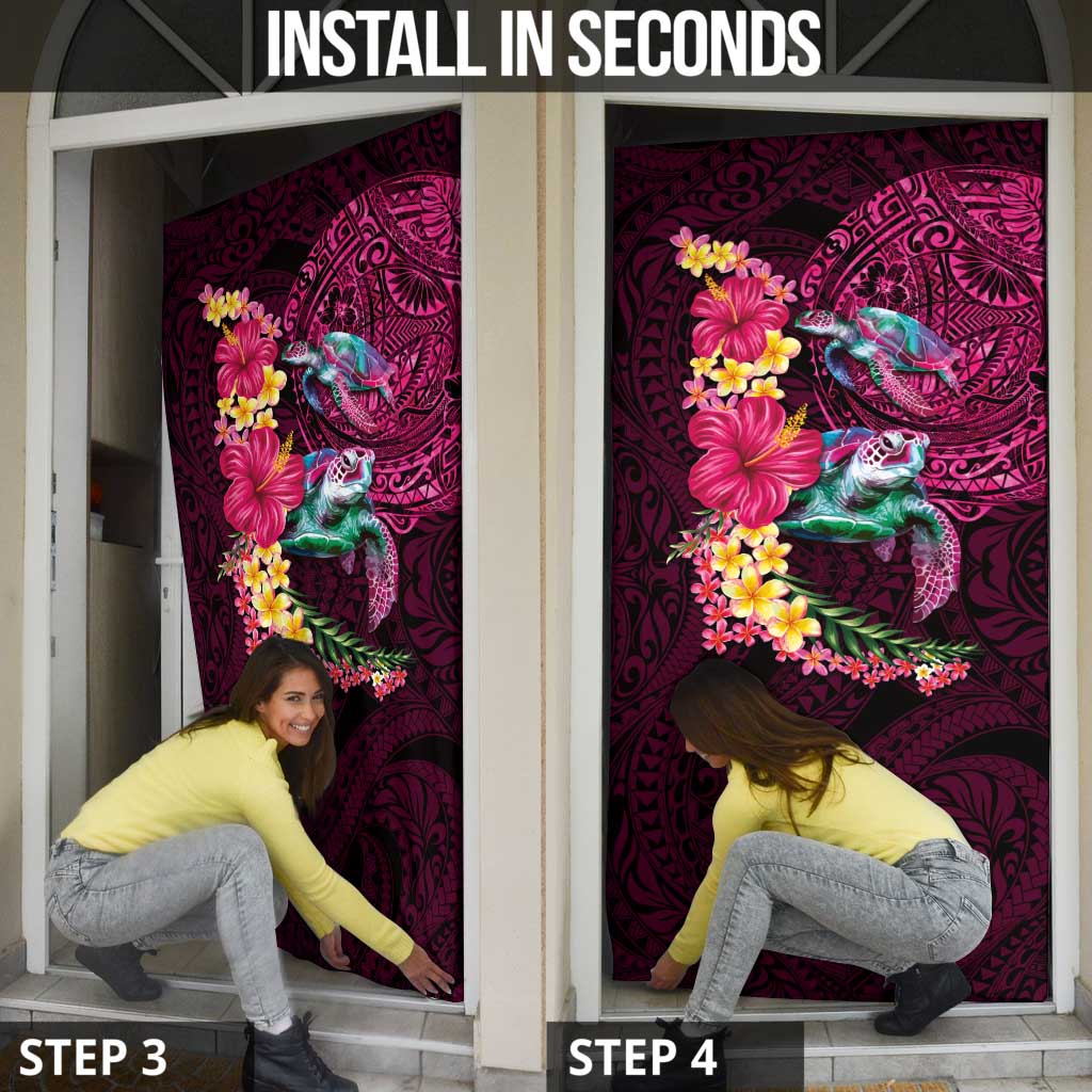 Hawaiian Plumeria and Hibiscus with Turtles Door Cover Polynesian Art Red Color - Polynesian Pride