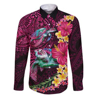 Hawaiian Plumeria and Hibiscus with Turtles Family Matching Long Sleeve Bodycon Dress and Hawaiian Shirt Polynesian Art Red Color LT03 Dad's Shirt - Long Sleeve Red - Polynesian Pride
