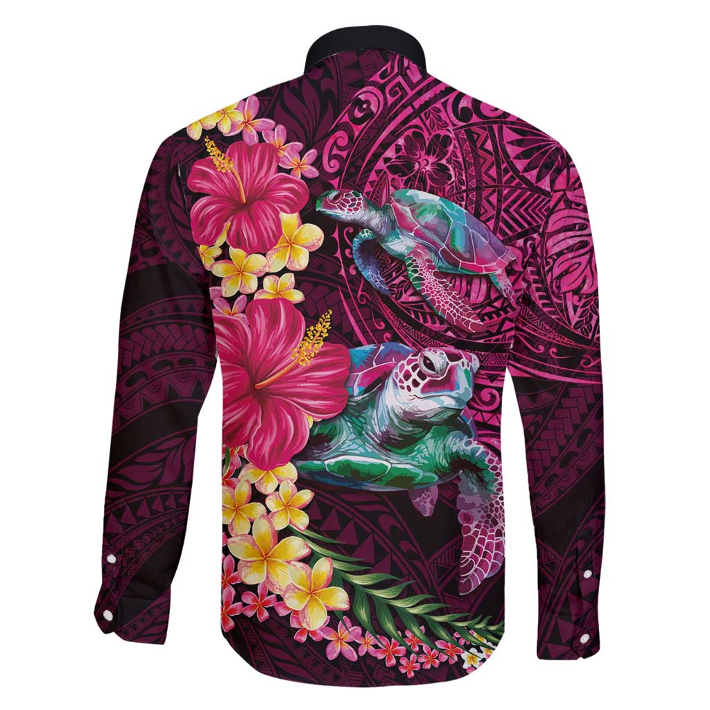 Hawaiian Plumeria and Hibiscus with Turtles Family Matching Long Sleeve Bodycon Dress and Hawaiian Shirt Polynesian Art Red Color LT03 - Polynesian Pride