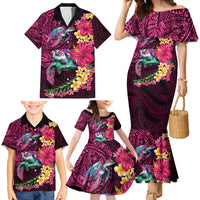 Hawaiian Plumeria and Hibiscus with Turtles Family Matching Mermaid Dress and Hawaiian Shirt Polynesian Art Red Color LT03 - Polynesian Pride