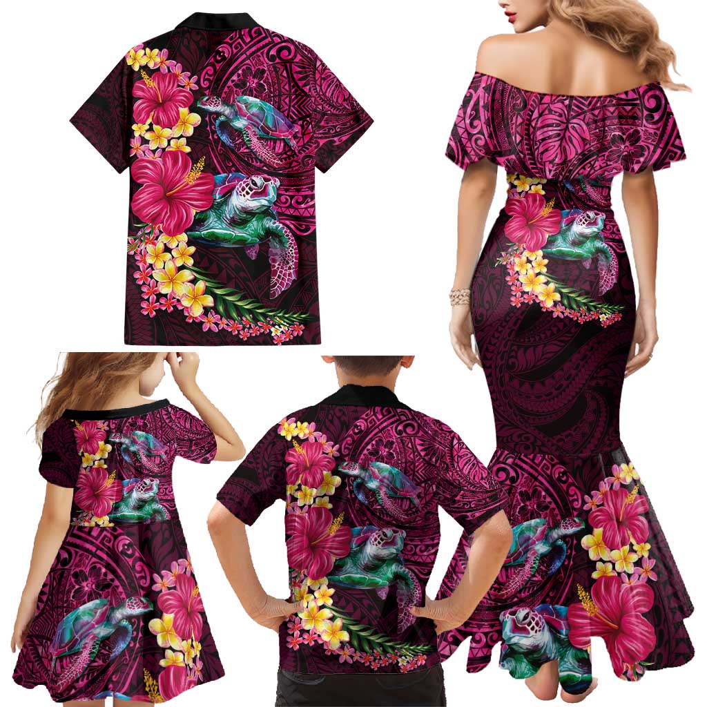 Hawaiian Plumeria and Hibiscus with Turtles Family Matching Mermaid Dress and Hawaiian Shirt Polynesian Art Red Color LT03 - Polynesian Pride