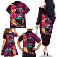 Hawaiian Plumeria and Hibiscus with Turtles Family Matching Off The Shoulder Long Sleeve Dress and Hawaiian Shirt Polynesian Art Red Color LT03 - Polynesian Pride