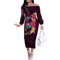 Hawaiian Plumeria and Hibiscus with Turtles Family Matching Off The Shoulder Long Sleeve Dress and Hawaiian Shirt Polynesian Art Red Color LT03 Mom's Dress Red - Polynesian Pride