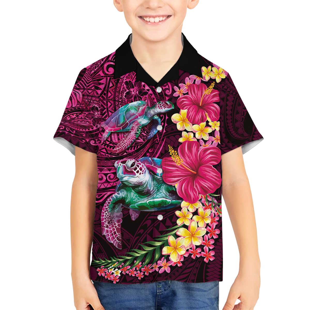 Hawaiian Plumeria and Hibiscus with Turtles Family Matching Off The Shoulder Long Sleeve Dress and Hawaiian Shirt Polynesian Art Red Color LT03 Son's Shirt Red - Polynesian Pride