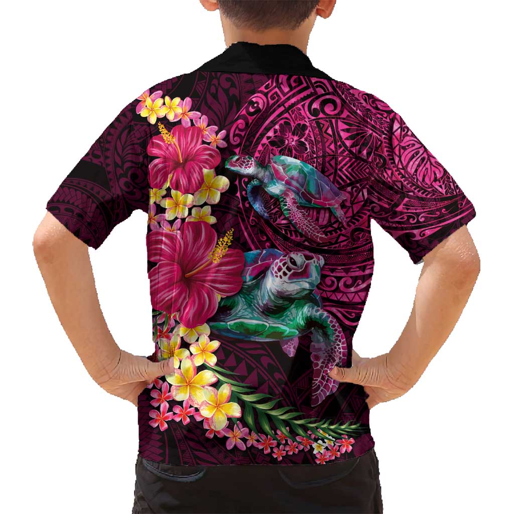 Hawaiian Plumeria and Hibiscus with Turtles Family Matching Off Shoulder Maxi Dress and Hawaiian Shirt Polynesian Art Red Color LT03 - Polynesian Pride