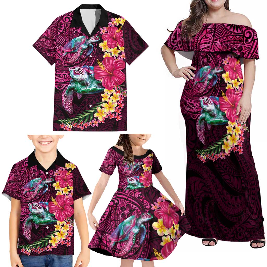 Hawaiian Plumeria and Hibiscus with Turtles Family Matching Off Shoulder Maxi Dress and Hawaiian Shirt Polynesian Art Red Color LT03 - Polynesian Pride