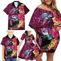 Hawaiian Plumeria and Hibiscus with Turtles Family Matching Off Shoulder Short Dress and Hawaiian Shirt Polynesian Art Red Color LT03 - Polynesian Pride