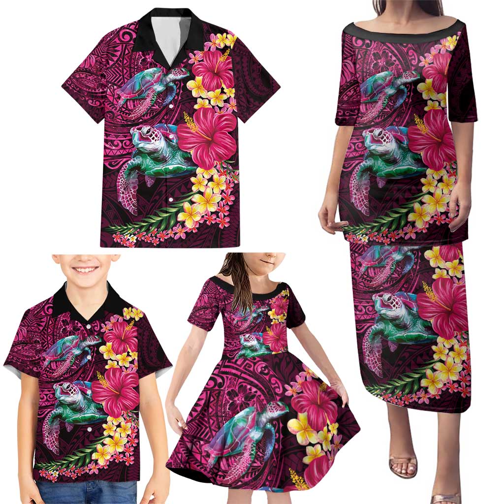 Hawaiian Plumeria and Hibiscus with Turtles Family Matching Puletasi and Hawaiian Shirt Polynesian Art Red Color LT03 - Polynesian Pride