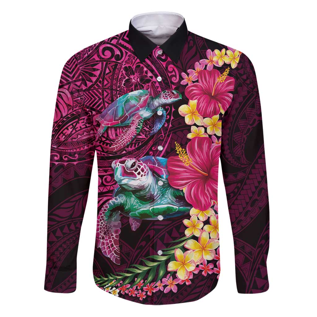 Hawaiian Plumeria and Hibiscus with Turtles Family Matching Puletasi and Hawaiian Shirt Polynesian Art Red Color LT03 Dad's Shirt - Long Sleeve Red - Polynesian Pride