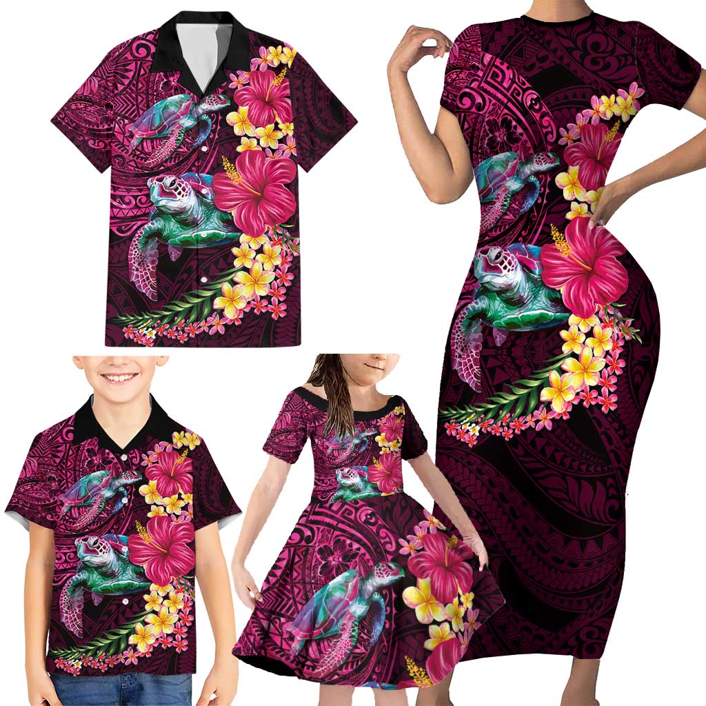 Hawaiian Plumeria and Hibiscus with Turtles Family Matching Short Sleeve Bodycon Dress and Hawaiian Shirt Polynesian Art Red Color LT03 - Polynesian Pride