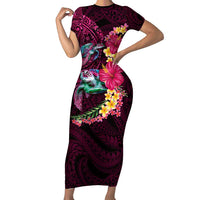 Hawaiian Plumeria and Hibiscus with Turtles Family Matching Short Sleeve Bodycon Dress and Hawaiian Shirt Polynesian Art Red Color LT03 Mom's Dress Red - Polynesian Pride