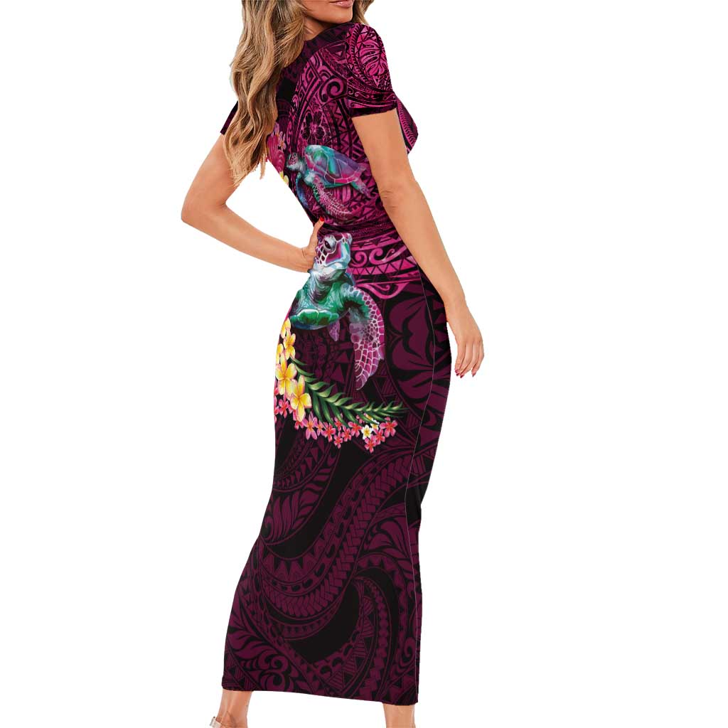 Hawaiian Plumeria and Hibiscus with Turtles Family Matching Short Sleeve Bodycon Dress and Hawaiian Shirt Polynesian Art Red Color LT03 - Polynesian Pride