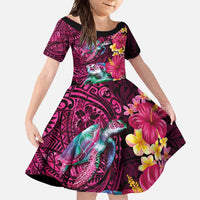 Hawaiian Plumeria and Hibiscus with Turtles Family Matching Tank Maxi Dress and Hawaiian Shirt Polynesian Art Red Color LT03 Daughter's Dress Red - Polynesian Pride