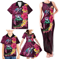 Hawaiian Plumeria and Hibiscus with Turtles Family Matching Tank Maxi Dress and Hawaiian Shirt Polynesian Art Red Color LT03 - Polynesian Pride