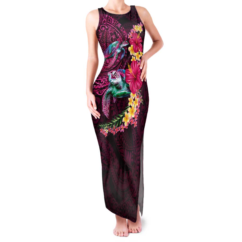 Hawaiian Plumeria and Hibiscus with Turtles Family Matching Tank Maxi Dress and Hawaiian Shirt Polynesian Art Red Color LT03 Mom's Dress Red - Polynesian Pride