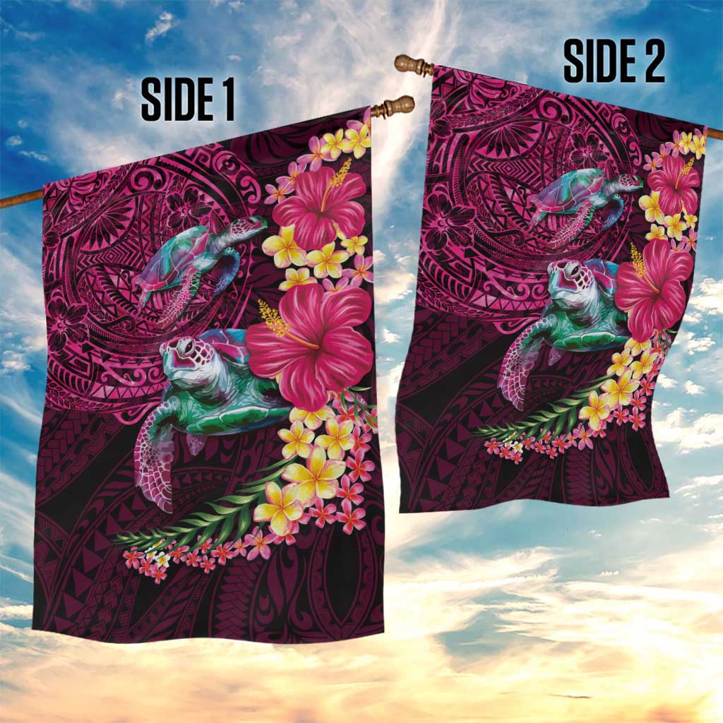 Hawaiian Plumeria and Hibiscus with Turtles Garden Flag Polynesian Art Red Color - Polynesian Pride