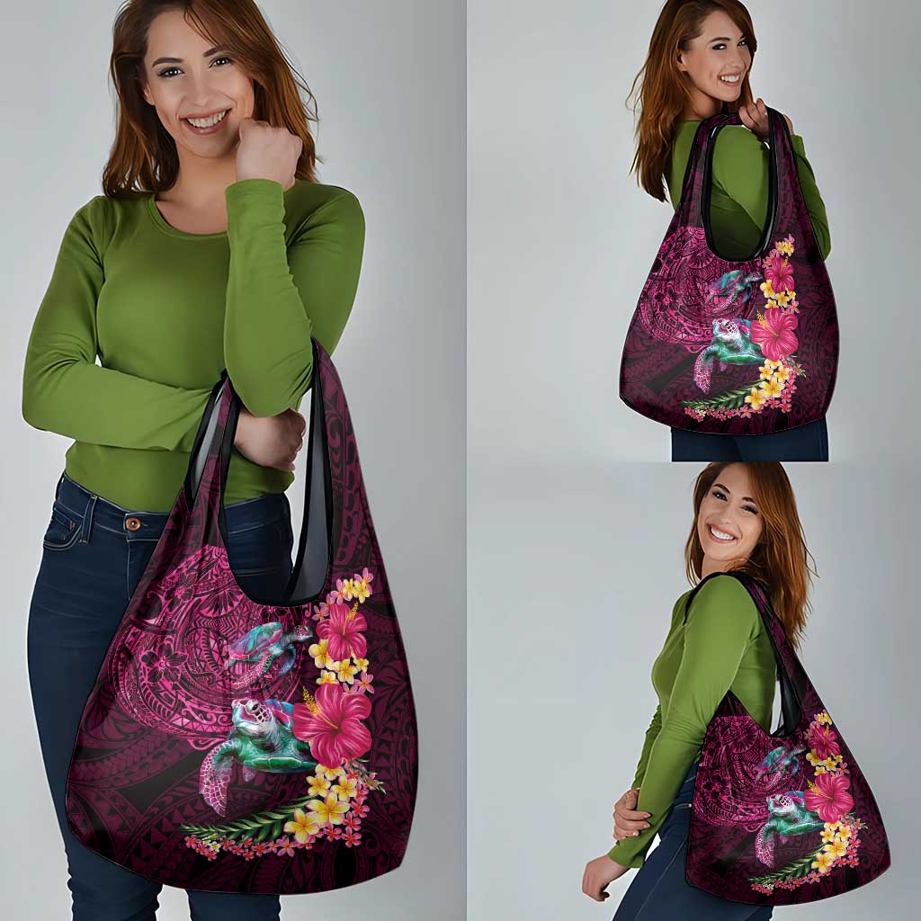Hawaiian Plumeria and Hibiscus with Turtles Grocery Bag Polynesian Art Red Color - Polynesian Pride