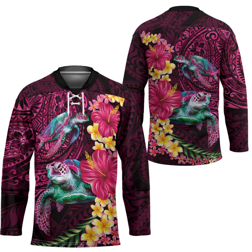 Hawaiian Plumeria and Hibiscus with Turtles Hockey Jersey Polynesian Art Red Color - Polynesian Pride