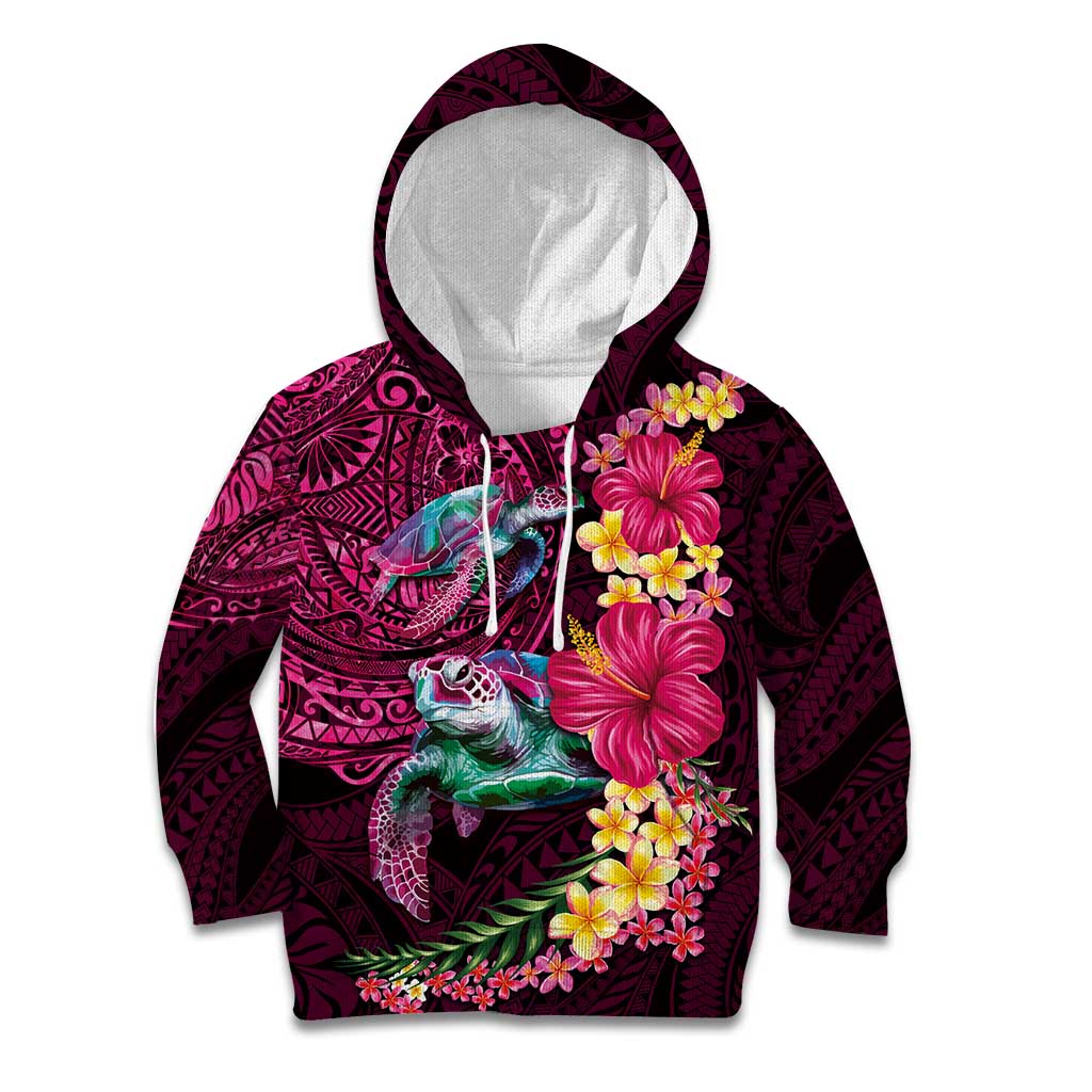 Hawaiian Plumeria and Hibiscus with Turtles Kid Hoodie Polynesian Art Red Color - Polynesian Pride