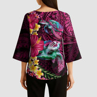 Hawaiian Plumeria and Hibiscus with Turtles Kimono Sleeve Blouse Polynesian Art Red Color - Polynesian Pride