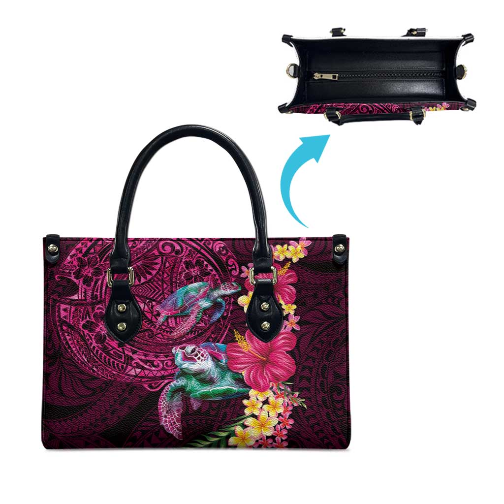Hawaiian Plumeria and Hibiscus with Turtles Leather Bag Polynesian Art Red Color - Polynesian Pride