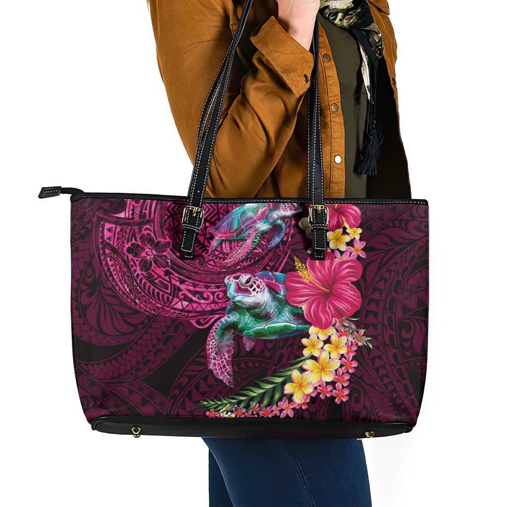 Hawaiian Plumeria and Hibiscus with Turtles Leather Tote Bag Polynesian Art Red Color - Polynesian Pride