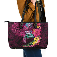 Hawaiian Plumeria and Hibiscus with Turtles Leather Tote Bag Polynesian Art Red Color - Polynesian Pride