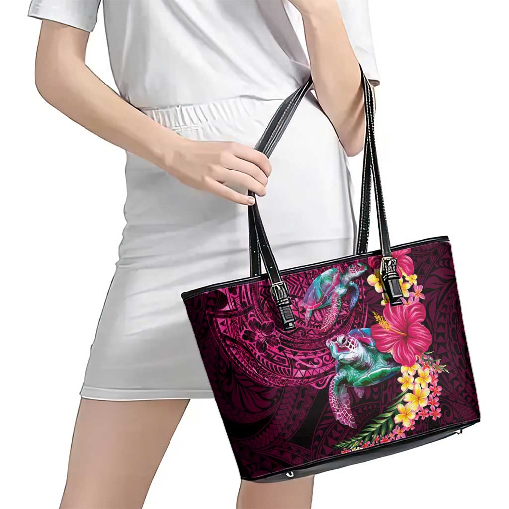 Hawaiian Plumeria and Hibiscus with Turtles Leather Tote Bag Polynesian Art Red Color - Polynesian Pride