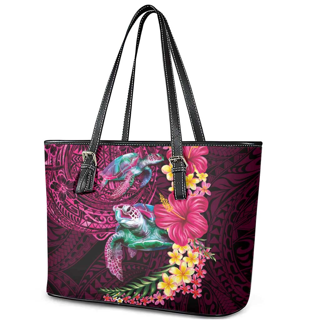 Hawaiian Plumeria and Hibiscus with Turtles Leather Tote Bag Polynesian Art Red Color - Polynesian Pride