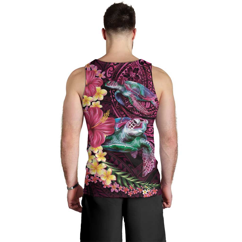 Hawaiian Plumeria and Hibiscus with Turtles Men Tank Top Polynesian Art Red Color - Polynesian Pride