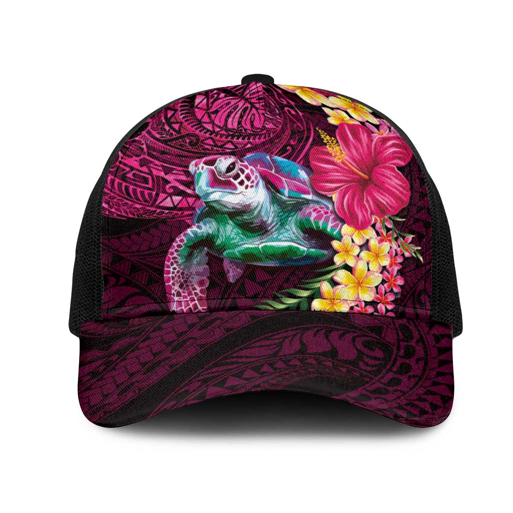 Hawaiian Plumeria and Hibiscus with Turtles Mesh Trucker Cap Polynesian Art Red Color - Polynesian Pride
