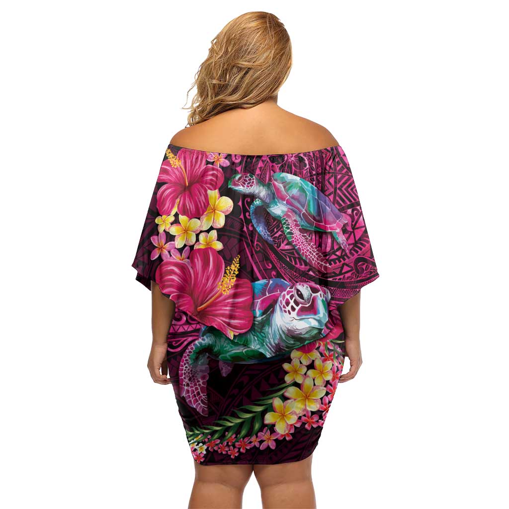 Hawaiian Plumeria and Hibiscus with Turtles Off Shoulder Short Dress Polynesian Art Red Color - Polynesian Pride
