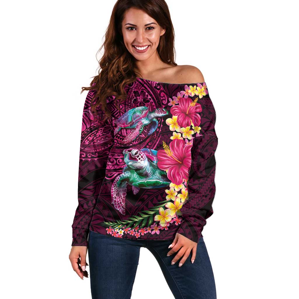 Hawaiian Plumeria and Hibiscus with Turtles Off Shoulder Sweater Polynesian Art Red Color - Polynesian Pride