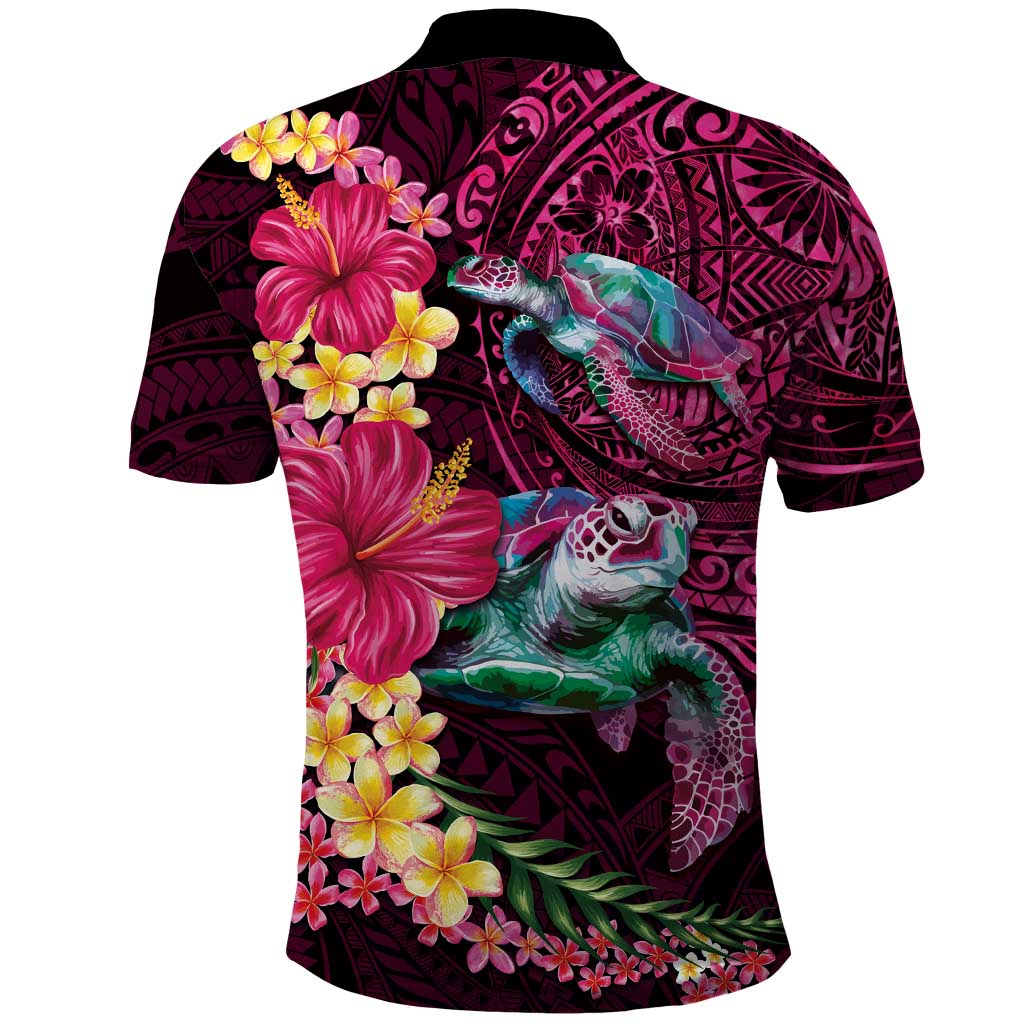 Hawaiian Plumeria and Hibiscus with Turtles Polo Shirt Polynesian Art Red Color - Polynesian Pride