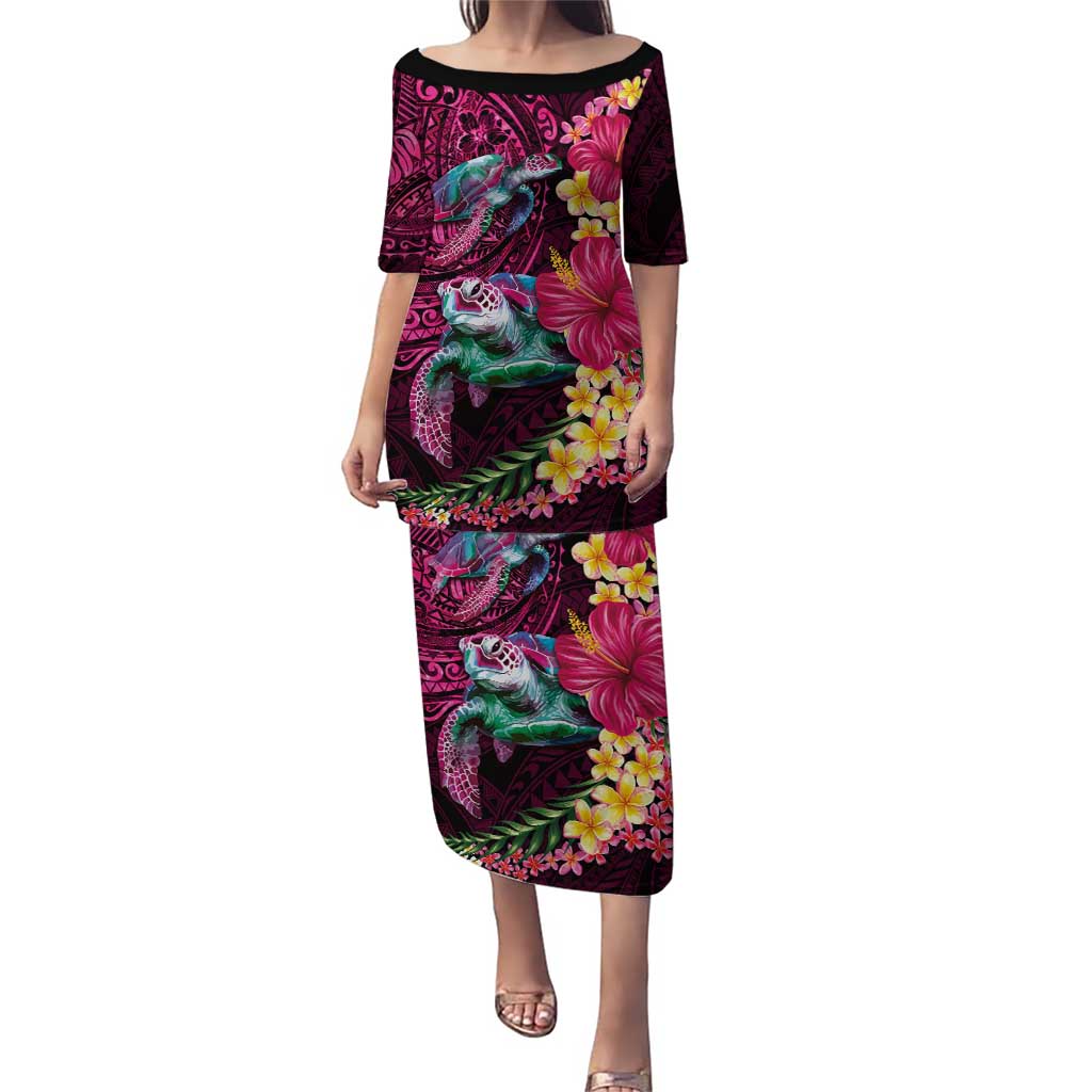 Hawaiian Plumeria and Hibiscus with Turtles Puletasi Polynesian Art Red Color - Polynesian Pride