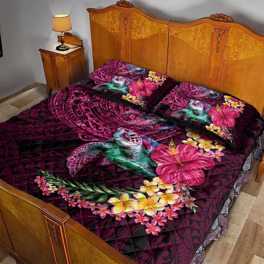 Hawaiian Plumeria and Hibiscus with Turtles Quilt Bed Set Polynesian Art Red Color - Polynesian Pride