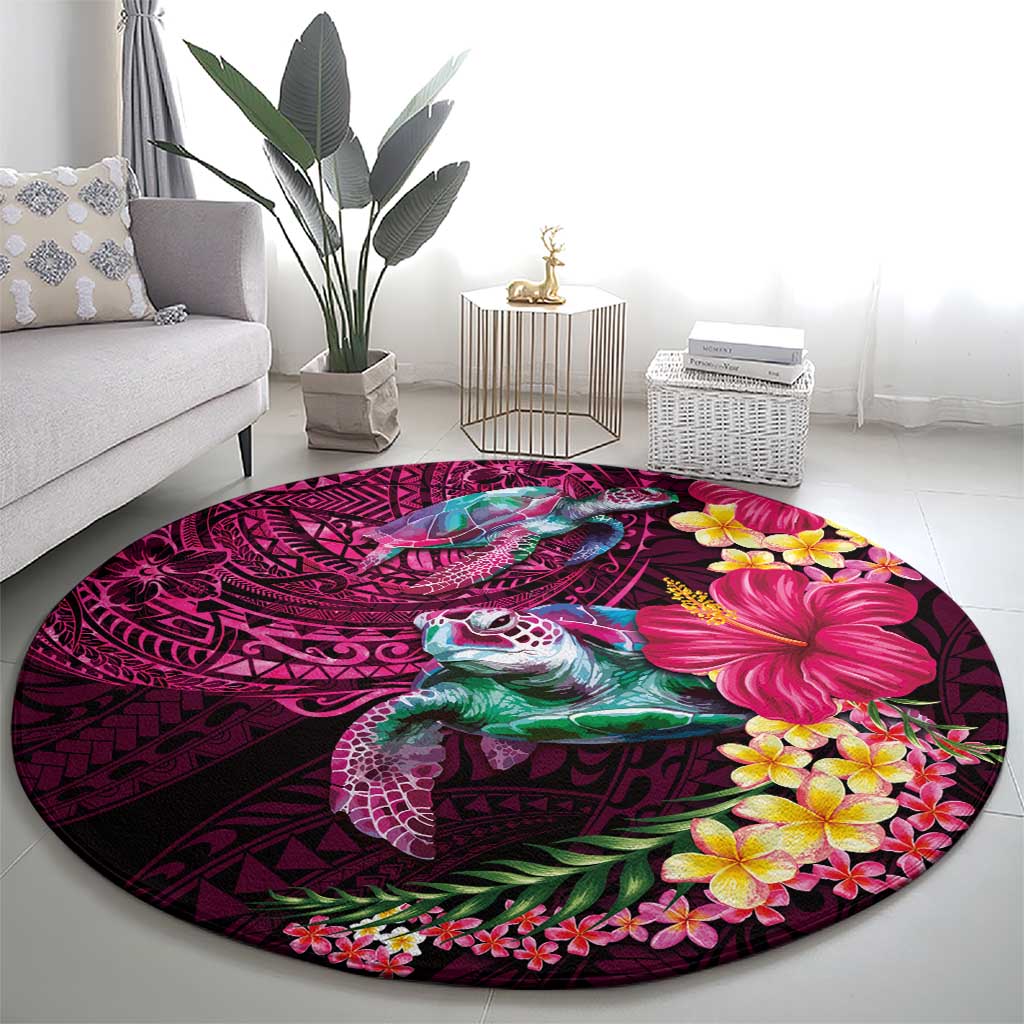 Hawaiian Plumeria and Hibiscus with Turtles Round Carpet Polynesian Art Red Color - Polynesian Pride