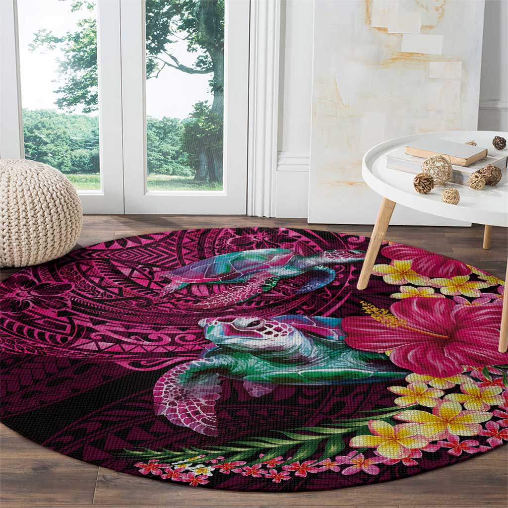Hawaiian Plumeria and Hibiscus with Turtles Round Carpet Polynesian Art Red Color - Polynesian Pride