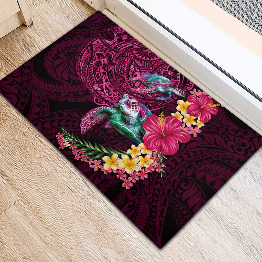 Hawaiian Plumeria and Hibiscus with Turtles Rubber Doormat Polynesian Art Red Color - Polynesian Pride