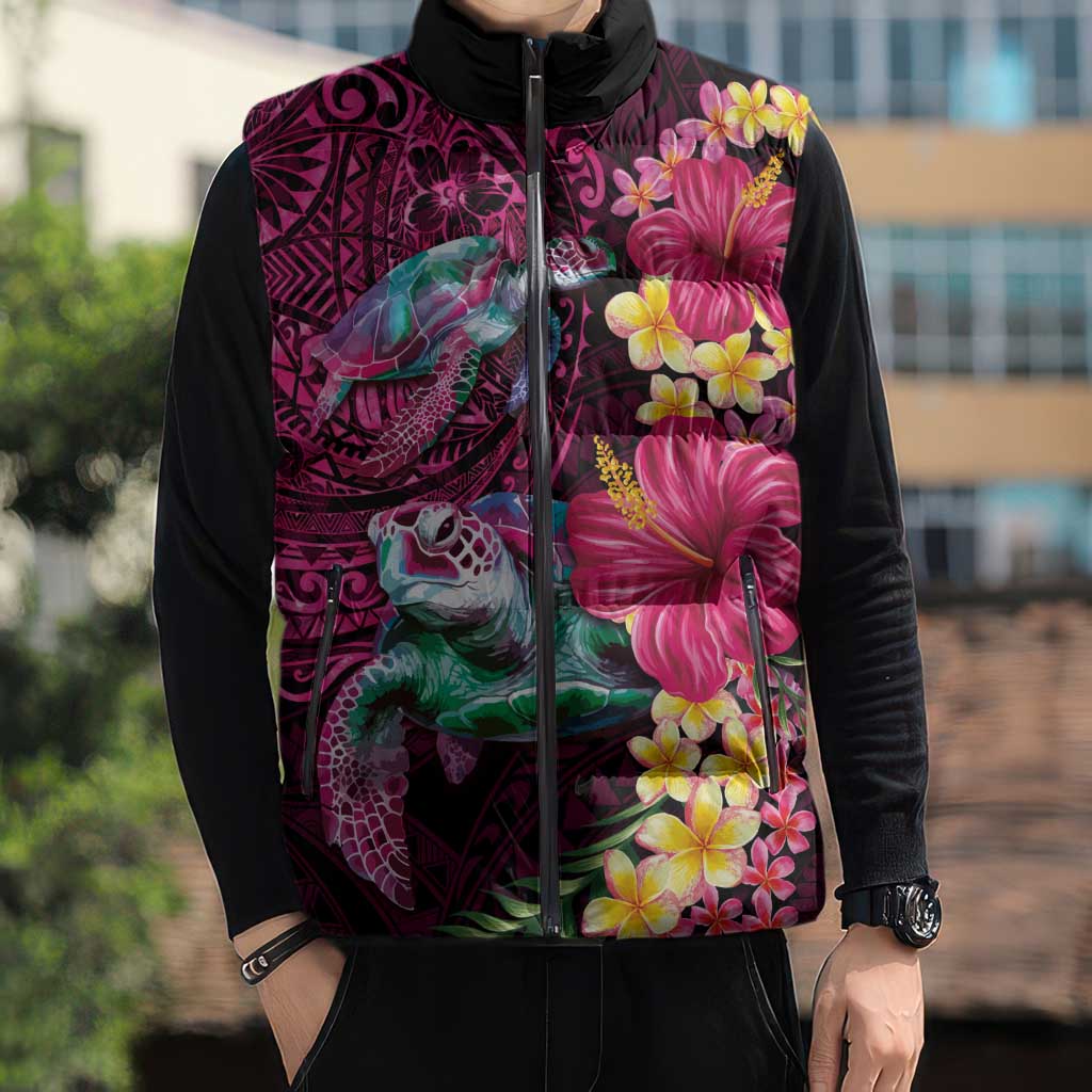 Hawaiian Plumeria and Hibiscus with Turtles Sleeveless Puffer Jacket Polynesian Art Red Color - Polynesian Pride