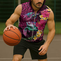 Hawaiian Plumeria and Hibiscus with Turtles Sleeveless Zip Hoodie Polynesian Art Red Color - Polynesian Pride