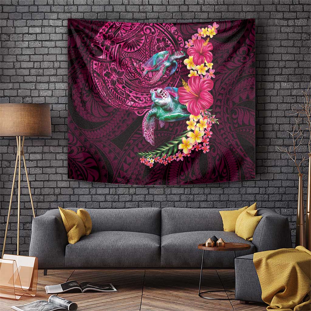 Hawaiian Plumeria and Hibiscus with Turtles Tapestry Polynesian Art Red Color - Polynesian Pride