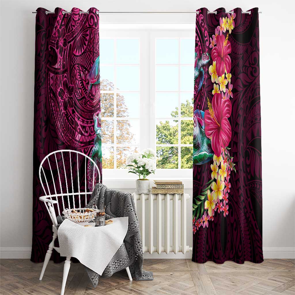 Hawaiian Plumeria and Hibiscus with Turtles Window Curtain Polynesian Art Red Color - Polynesian Pride