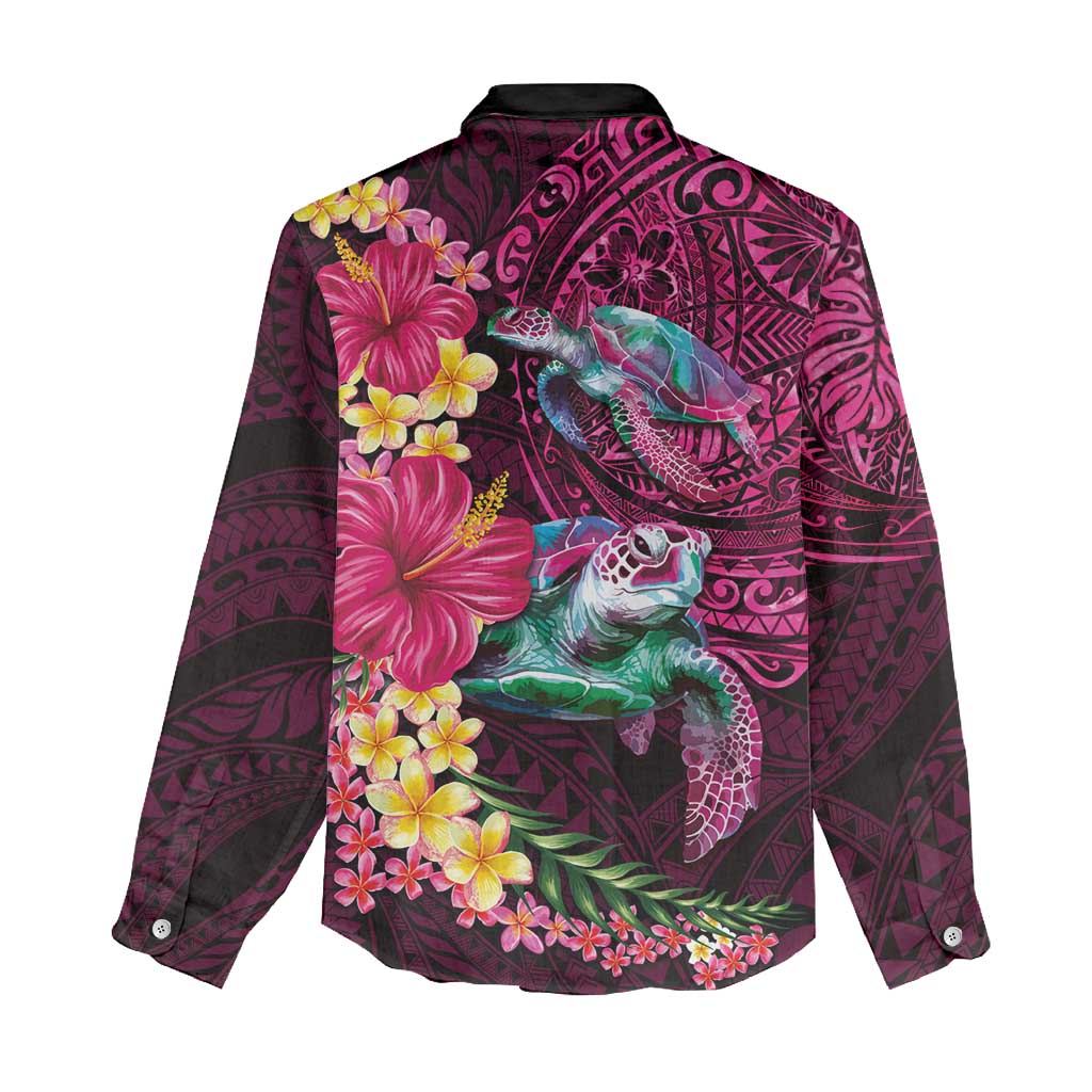 Hawaiian Plumeria and Hibiscus with Turtles Women Casual Shirt Polynesian Art Red Color - Polynesian Pride