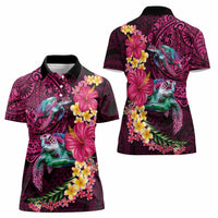 Hawaiian Plumeria and Hibiscus with Turtles Women Polo Shirt Polynesian Art Red Color - Polynesian Pride