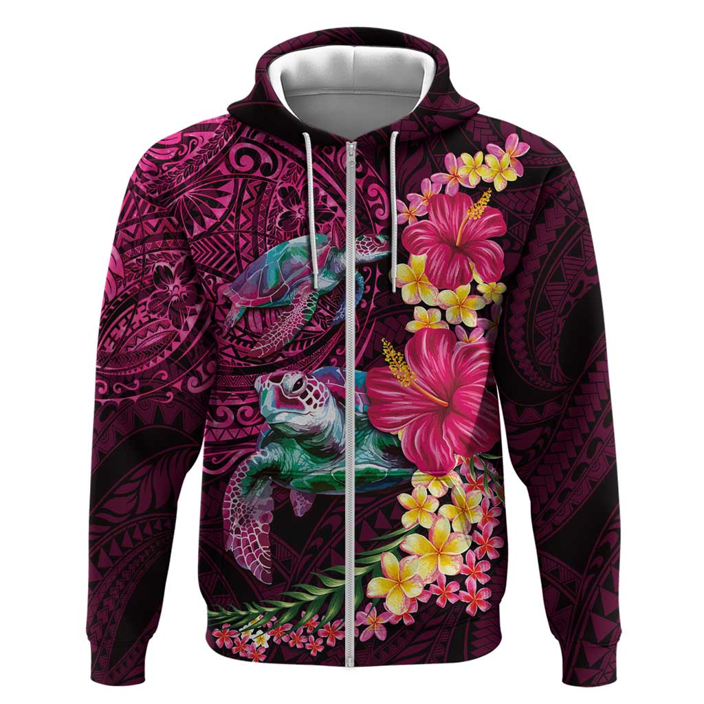 Hawaiian Plumeria and Hibiscus with Turtles Zip Hoodie Polynesian Art Red Color - Polynesian Pride