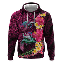 Hawaiian Plumeria and Hibiscus with Turtles Zip Hoodie Polynesian Art Red Color - Polynesian Pride
