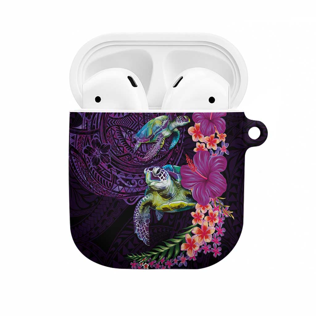 Hawaiian Plumeria and Hibiscus with Turtles AirPods Case Polynesian Art Purple Color - Polynesian Pride