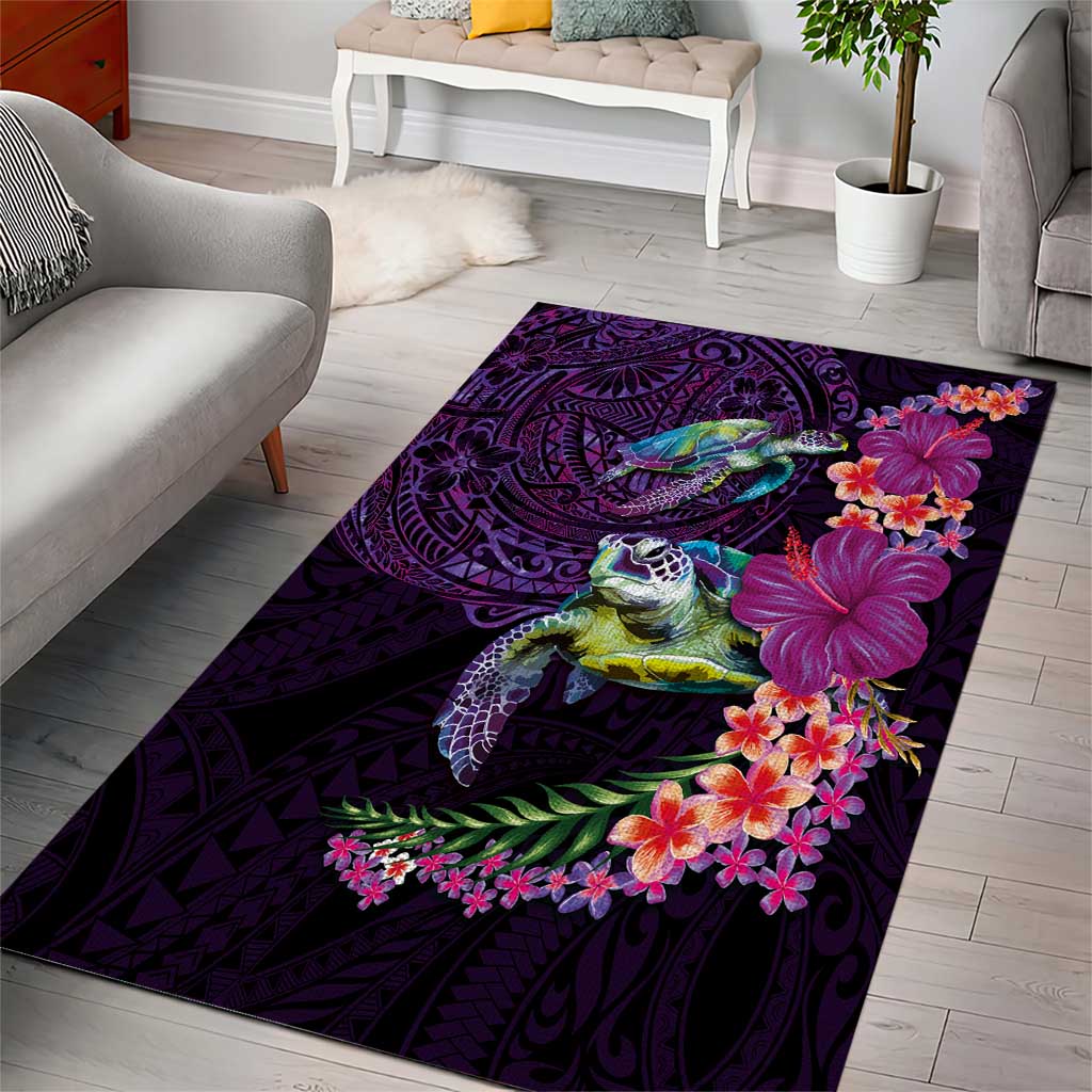 Hawaiian Plumeria and Hibiscus with Turtles Area Rug Polynesian Art Purple Color - Polynesian Pride
